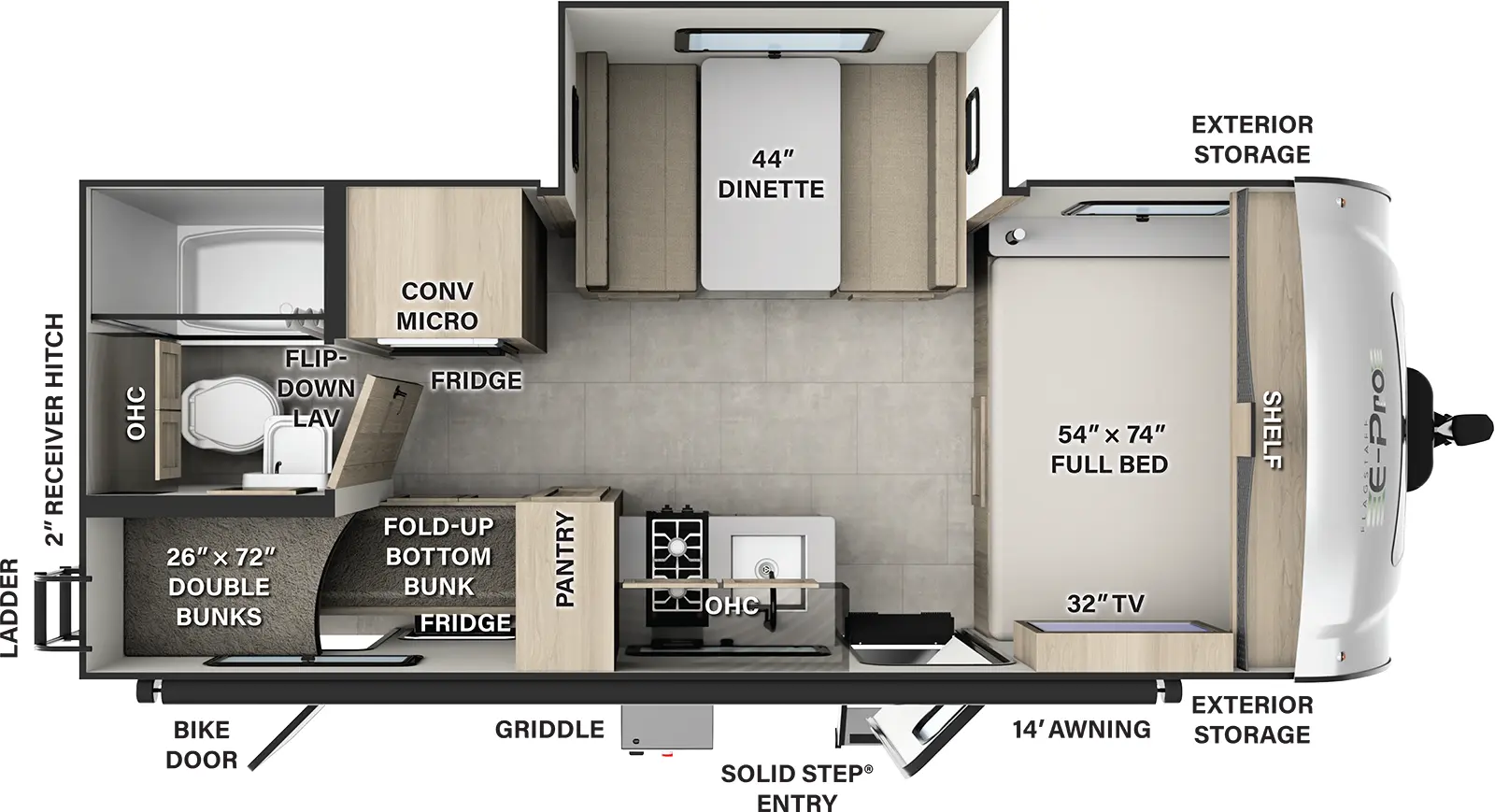 The Flagstaff E-Pro E20BH has one entry and one slide out. Exterior features include: fiberglass exterior and 14' awning. Interiors features include: bunk beds and front bedroom.